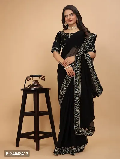 Beautifull Georgette Embroidery Saree With Beautiful Lace And Blouse-thumb3