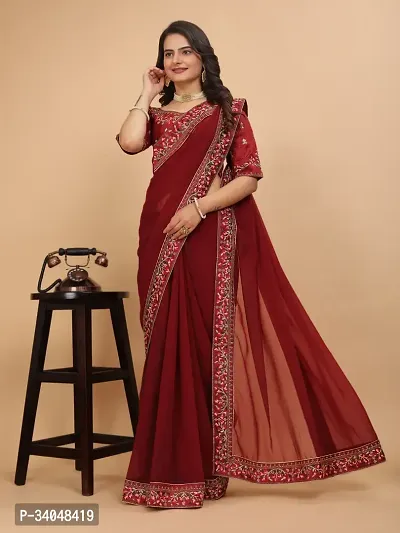 Beautifull Georgette Embroidery Saree With Beautiful Lace And Blouse-thumb3