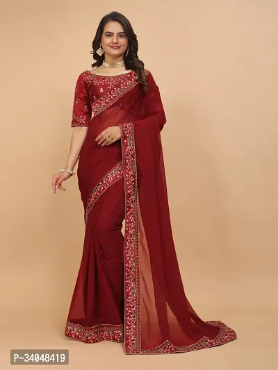 Beautifull Georgette Embroidery Saree With Beautiful Lace And Blouse