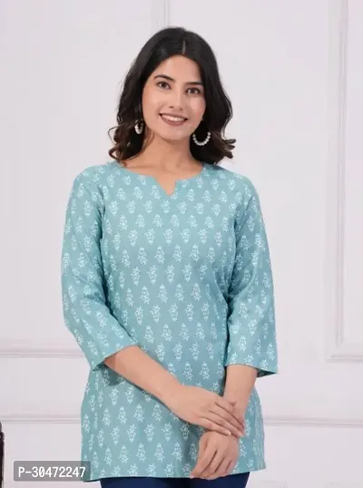 Stylish Sky Blue Rayon Printed Stitched Short Kurti For Women