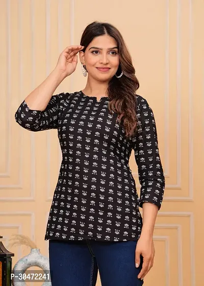 Stylish Black Rayon Printed Stitched Short Kurti For Women