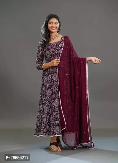 Stylish Maroon Georgette Stitched Ethnic Gown With Dupatta For Women