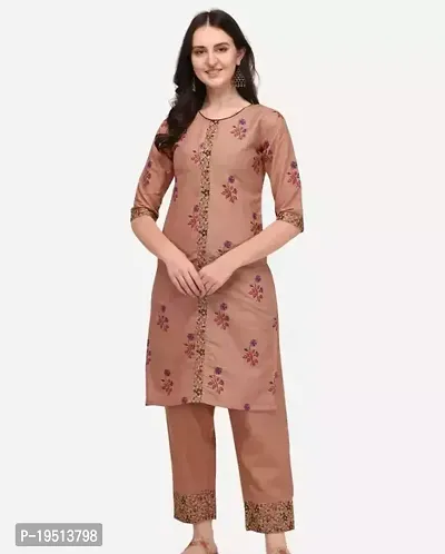 Elegant Brown Printed Cotton Kurta with Pant Set For Women-thumb0