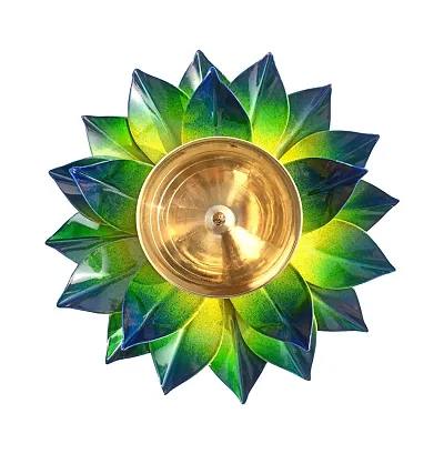 Heaven Decor Iron and Brass Kamal Ptta green color Akhand diya size 6 inch