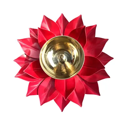 Heaven Decor Iron and Brass Kamal Ptta Magenta color Akhand diya size 6 inch