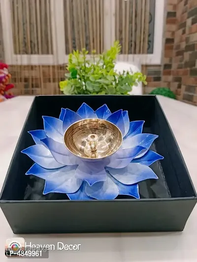 Iron And Brass Kamal Ptta Blue Akhand Diya With Fancy Gift Box - 5 Inches-thumb2