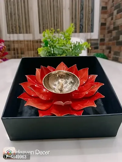 Iron And Brass Kamal Ptta Orange Akhand Diya With Fancy Gift Box - 6 Inches