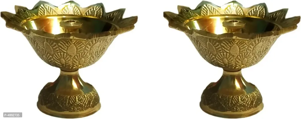 Small Brass Diwali Kuber Devdas Engraved Deepak Diya Oil Lamp For Puja Pack 2