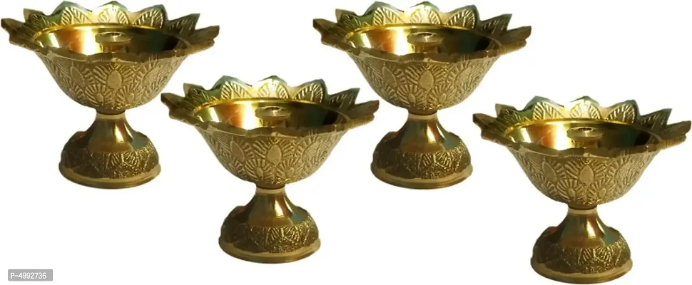 Small Brass Diwali Kuber Devdas Engraved Deepak Diya Oil Lamp For Puja Pack 4