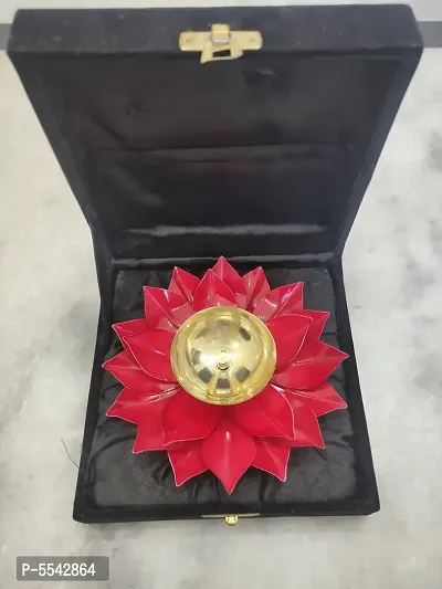Iron And Brass Kamal Ptta Red Color Akhand Diya With Velvet Gift Box&nbsp;6 Inch Pack Of 1-thumb3