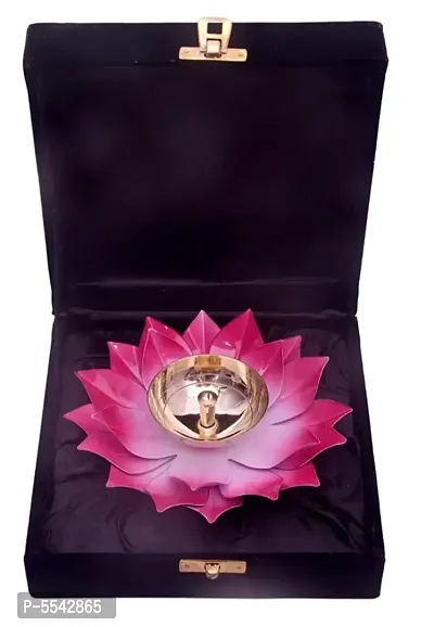 Iron And Brass Kamal Ptta Pink Color Akhand Diya With Velvet Gift Boxnbsp;6 Inch Pack Of 1-thumb0