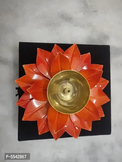 Iron And Brass Kamal Ptta Orange Color Akhand Diya With Velvet Gift Box&nbsp;6 Inch Pack Of 1-thumb2