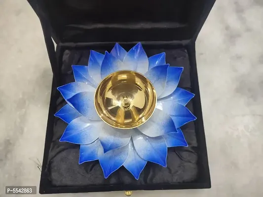 Iron And Brass Kamal Ptta Blue Color Akhand Diya With Velvet Gift Boxnbsp;6 Inch Pack Of 1