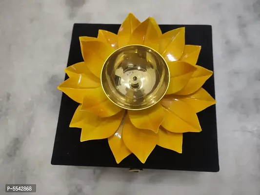 Iron And Brass Kamal Ptta Yellow Color Akhand Diya With Velvet Gift Boxnbsp;6 Inch Pack Of 1-thumb2