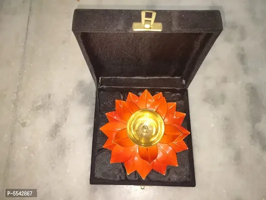 Iron And Brass Kamal Ptta Orange Color Akhand Diya With Velvet Gift Box&nbsp;6 Inch Pack Of 1-thumb0
