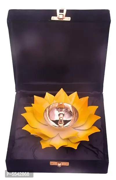 Iron And Brass Kamal Ptta Yellow Color Akhand Diya With Velvet Gift Boxnbsp;6 Inch Pack Of 1-thumb0