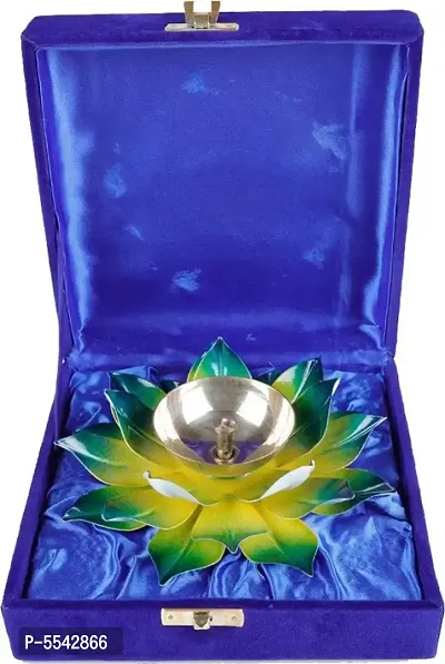 Iron And Brass Kamal Ptta Green Color Akhand Diya With Velvet Gift Boxnbsp;6 Inch Pack Of 1