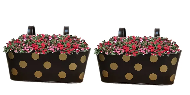 Beautiful Metal Brown Oval Shape Railing Flower Garden Pots and Wall Planters for Balcony- Set Of 2