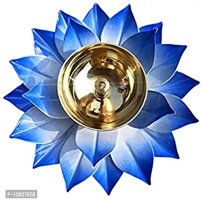 Heaven Decor Iron and Brass Kamal Ptta Blue Color Akhand Diya with Fancy Gift Box Size 6 inch-thumb3