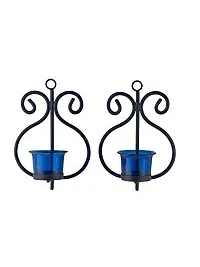 Heaven Decor Decorative Blue Glass Cup Tealight Candle Holder Wall Hanging Iron Votive, Festive Lights for Decoration Set 2-thumb2