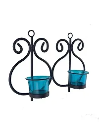 Heaven Decor Decorative Blue Glass Cup Tealight Candle Holder Wall Hanging Iron Votive, Festive Lights for Decoration Set 2-thumb3