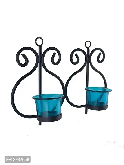Heaven Decor Decorative Blue Glass Cup Tealight Candle Holder Wall Hanging Iron Votive, Festive Lights for Decoration Set 2-thumb4