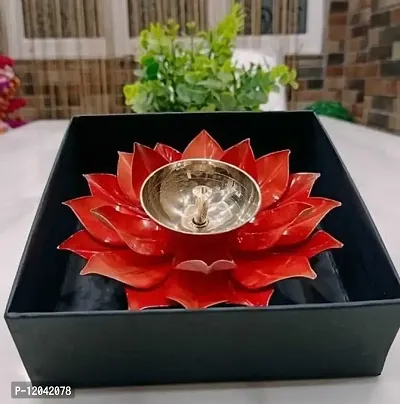 Heaven Decor Iron and Brass Kamal Ptta Orange Color Akhand Diya with Fancy Gift Box Size 6 inch
