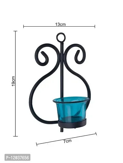 Heaven Decor Decorative Blue Glass Cup Tealight Candle Holder Wall Hanging Iron Votive, Festive Lights for Decoration Set 2-thumb2