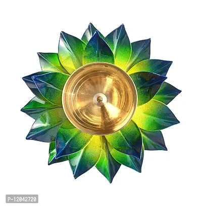 Heaven Decor Iron and Brass Kamal Ptta Green Color Diya Size 6 inch-thumb0