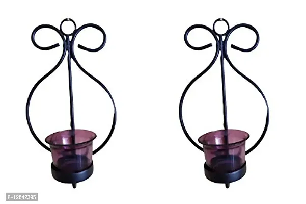 Heaven Decor Decorative Purple Glass Cup Tealight Candle Holder Wall Hanging Iron Votive, Festive Lights for Decoration Set 2