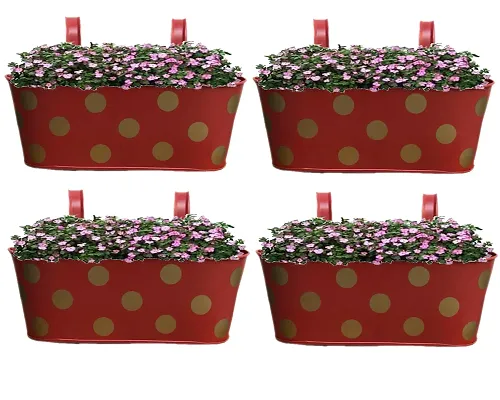 Beautiful Metal Oval Shape Railing Flower Garden Pots and Wall Planters for Balcony - Set Of 4