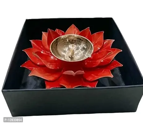 Heaven Decor Iron and Brass Kamal Ptta Orange Color Akhand Diya with Fancy Gift Box Size 6 inch-thumb0