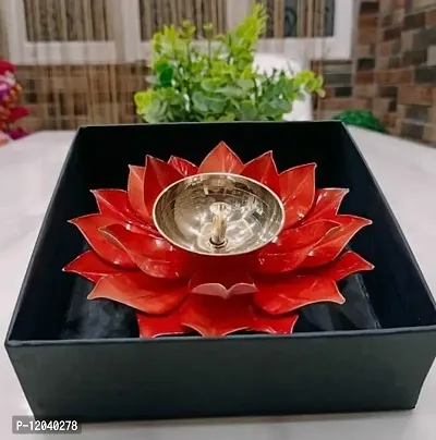 Heaven Decor Iron and Brass Kamal Ptta Red Color Akhand Diya with Fancy Gift Box Size 6 inch-thumb0