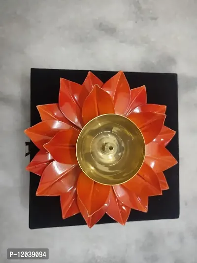 Heaven Decor Iron and Brass Kamal Ptta Orange Color Akhand Diya with Fancy Gift Box Size 6 inch-thumb4