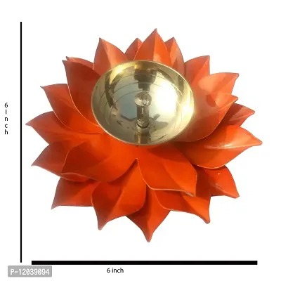 Heaven Decor Iron and Brass Kamal Ptta Orange Color Akhand Diya with Fancy Gift Box Size 6 inch-thumb5
