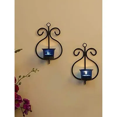 Heaven Decor Decorative Blue Glass Cup Tealight Candle Holder Wall Hanging Iron Votive, Festive Lights for Decoration Set 2