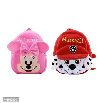 Heaven Decor Marshall & Minnie Soft Velvet Kids School Bag Nursury Class To 5 ( Size - 14 inch ) ( Color - Red & Pink )
