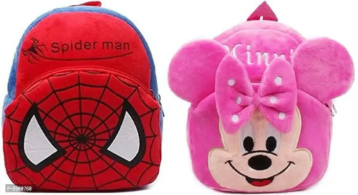 Heaven Decor Spiderman  Minnie Soft Velvet Kids School Bag Nursury Class To 5 ( Size - 14 inch ) ( Color - Red  Pink )-thumb0