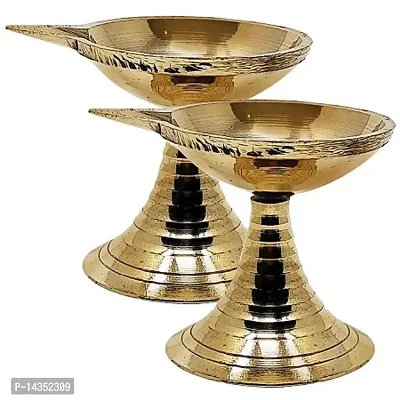 Heaven Decor Traditional  Brass  Table  Diya with Stand Oil Lamp for Home Office Temple Decor(Pack of 2)Brass Table Diya