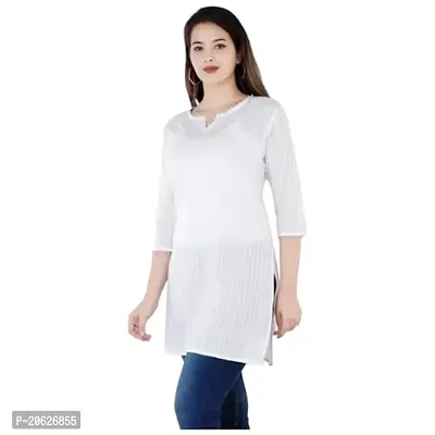 Women Cotton Solid Sleeve V-Neck Short Kurta/Kurtis (Large) White