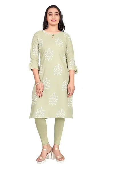 K MORE CREATION Women Linen Straight Kurta (Light Mehandi)