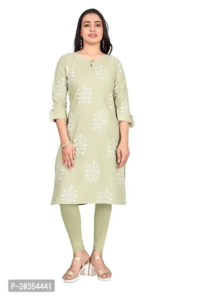 K MORE CREATION Women Printed Cotton Linen Straight Kurta (Light Mehandi)-thumb0