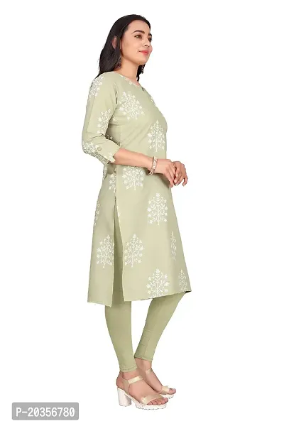 K MORE CREATION Women Printed Cotton Linen Straight Kurta (Light Mehandi)-thumb3