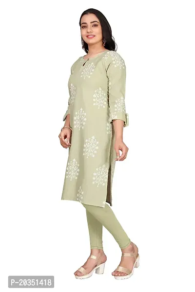 K MORE CREATION Women Printed Cotton Linen Straight Kurta (Light Mehandi)-thumb4