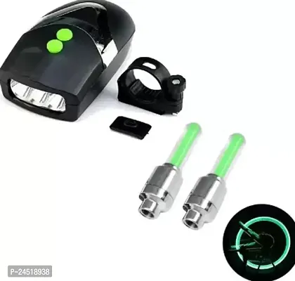 LED Cycle Front Light Bell Horn Hooter Siren+Wheel Valve Light LED Front Light  (Black, Green)