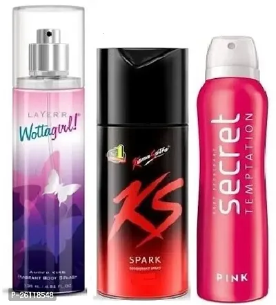 LAYER'R Wottagirl AMBER KISS 60ML,  K S SPARK 45ML  SECRET  PINK  50ML Fragrant Long Lasting Fragrance Body Spray - For Women  (155 ml, Pack of 3)-thumb0