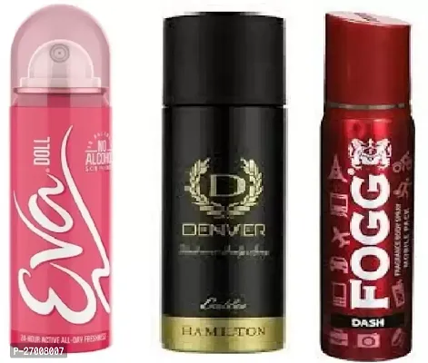 Eva Doll40ml, Denver Caliber 50ml, Fogg Dash25ml (Pack of 3 ) Deodorant Spray For Men  Women