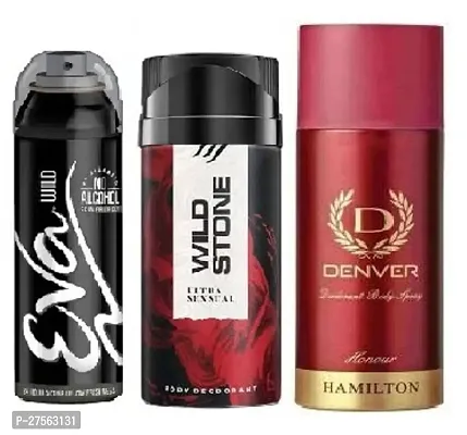 Eva Wild 40ml, Wild Stone Ultra Sensual 40ml, Denver Honour 50ml (Pack of 3) Body deodorants For men  women