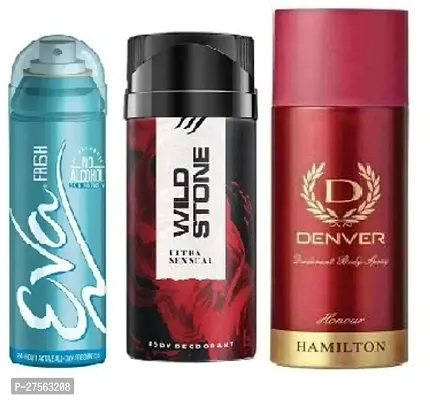 Eva Fresh 40ml, Wild Stone Ultra Sensual 40ml, Denver Honour 50ml (Pack of 3) Body deodorants For men  women