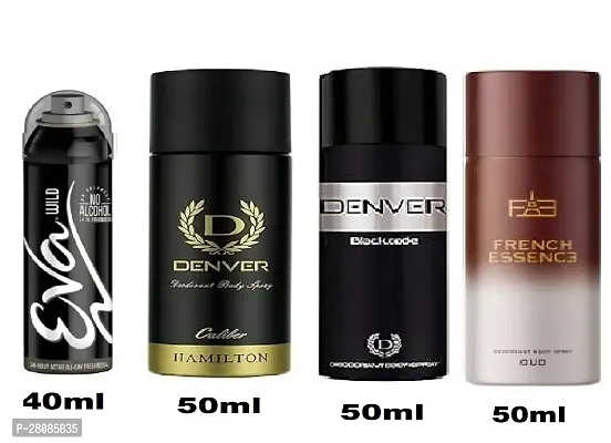 Eva Wild40ml, Denver Caliber 50ml, Code 50ml, French Essence Oud 50ml (Pack of 4) body deodorant for men women.